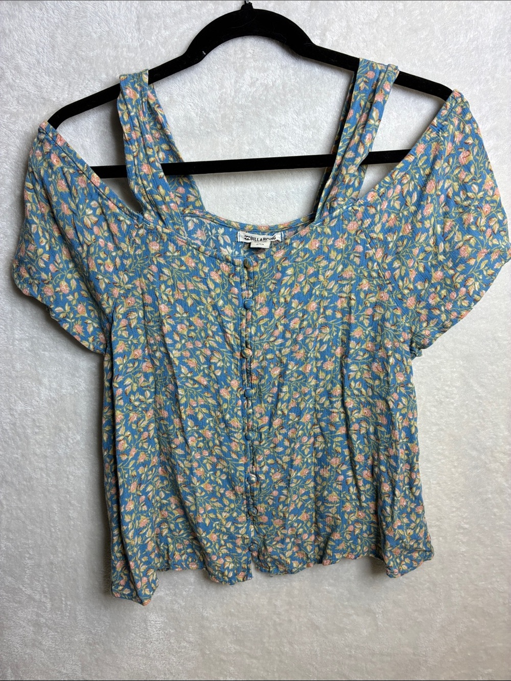 Billabong Blue Floral Cold-Shoulder Button-Front Top